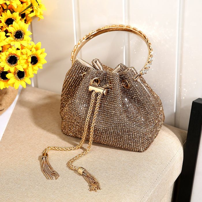 Crystal Pouch Handbag with Jewelled Handle in Gold - Image 2