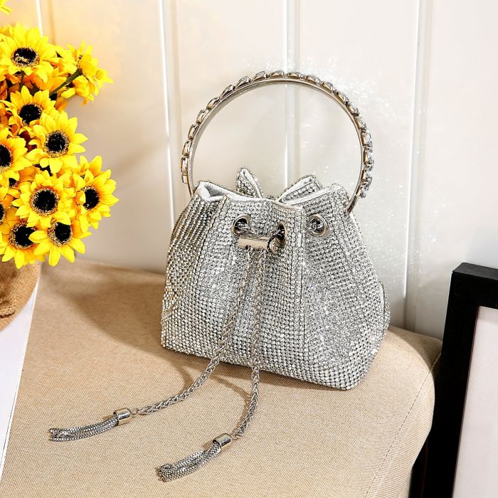 Crystal Pouch Handbag with Jewelled Handle in Silver - Image 2