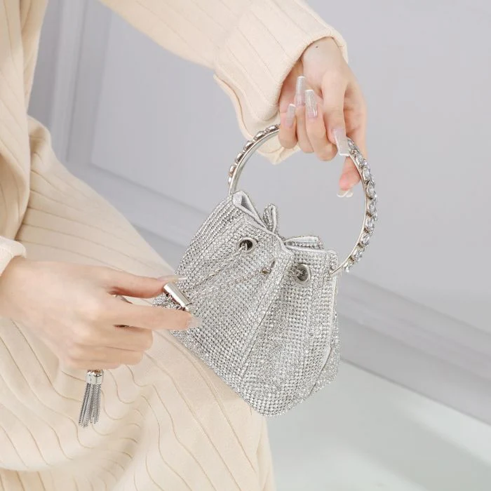 Crystal Pouch Handbag with Jewelled Handle in Silver - Image 3