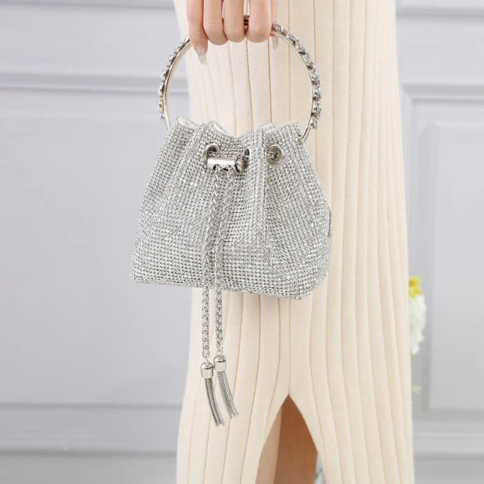 Crystal Pouch Handbag with Jewelled Handle in Silver - Image 4