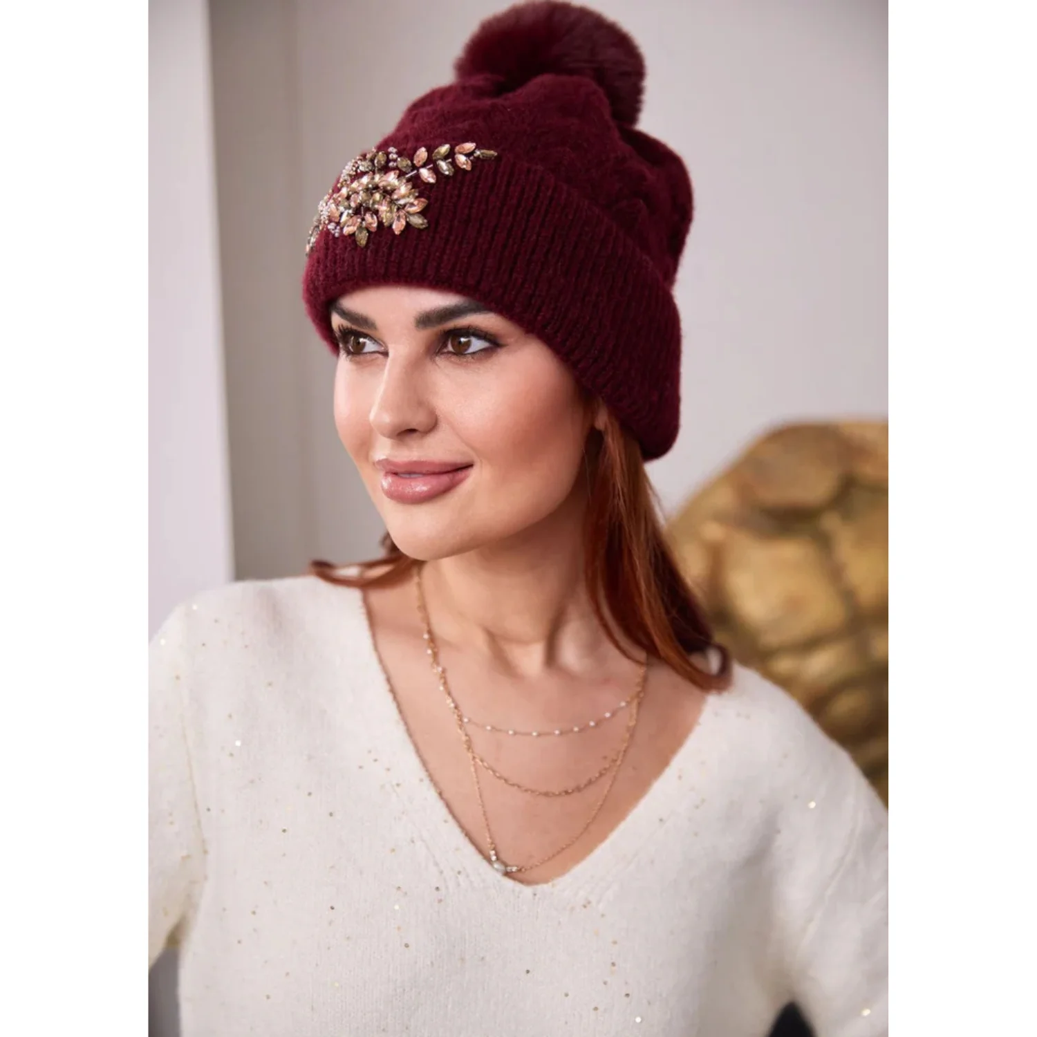 Diamante Hat Burgundy – Sparkling Winter Style | Warm Hats Gift - Image 2
