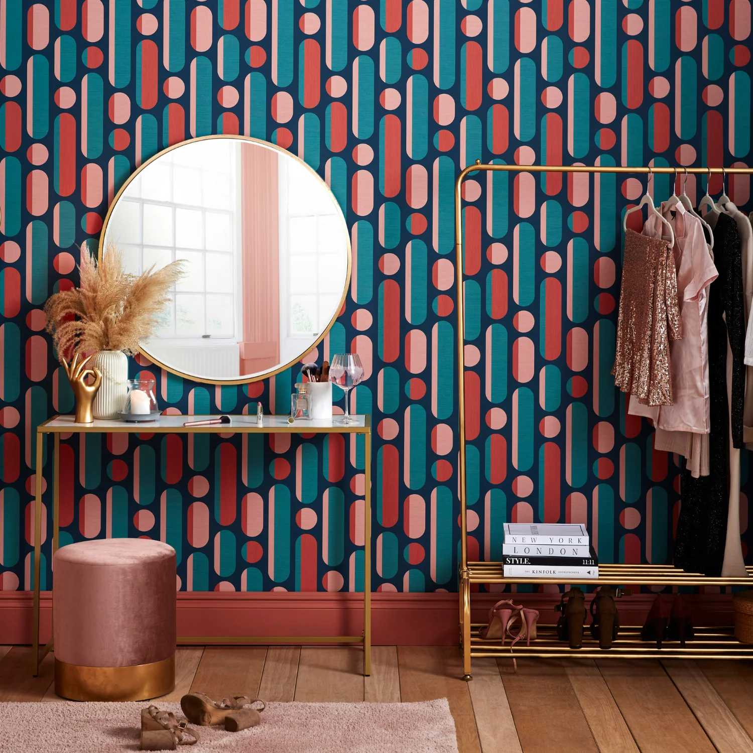Envy Morse Wallpaper Coral & Navy - Geometric Modern Wall Covering - Image 2