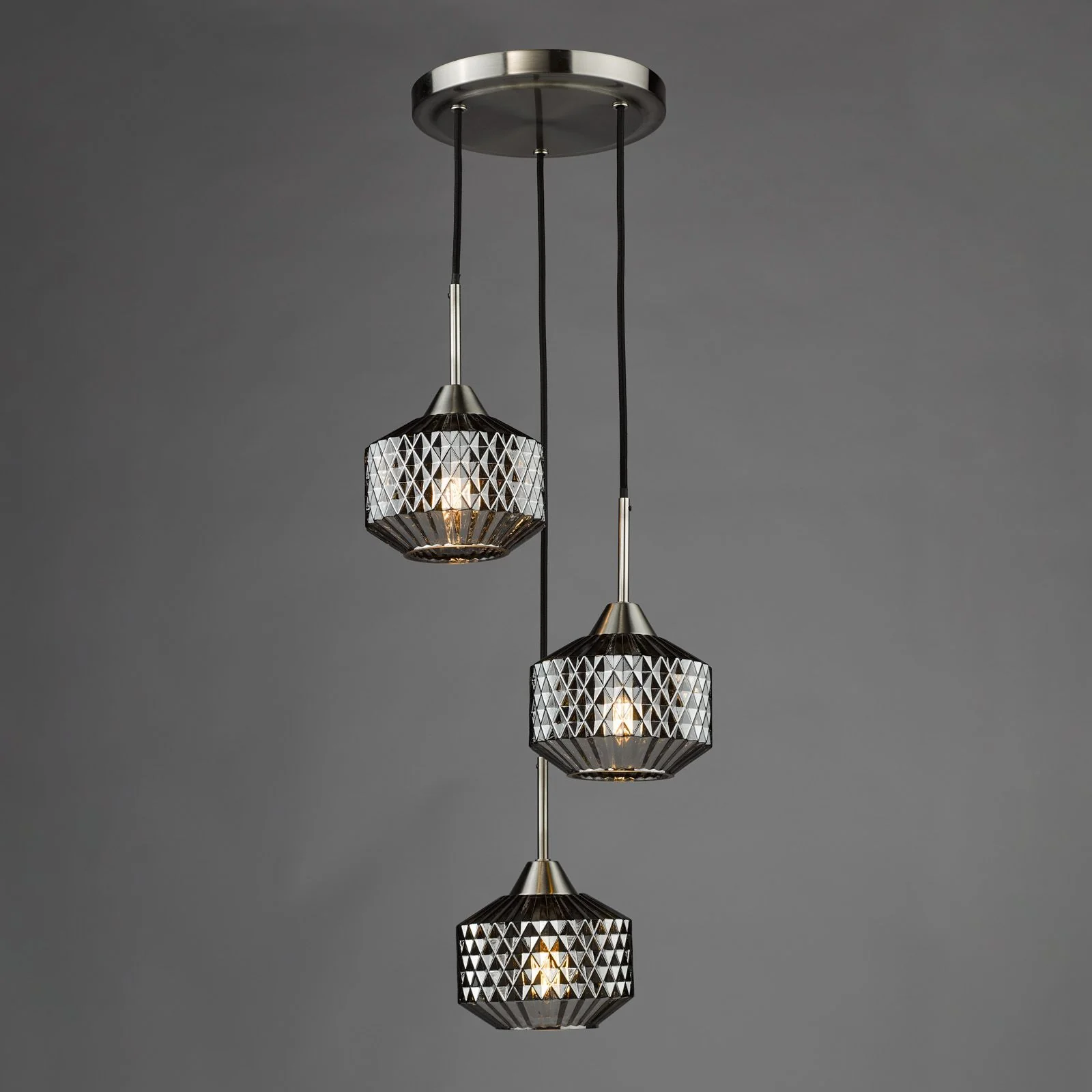 Fabrienne 3 Light Cluster Pendant Satin Nickel and Smoked Glass - Image 3