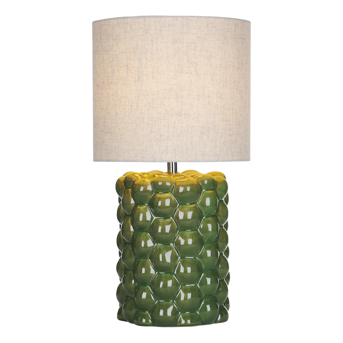 Jayden Table Lamp Greenn Reactive Glaze with Natural Linen Drum Shade – Mid-Century Lighting Collection for Home Décor