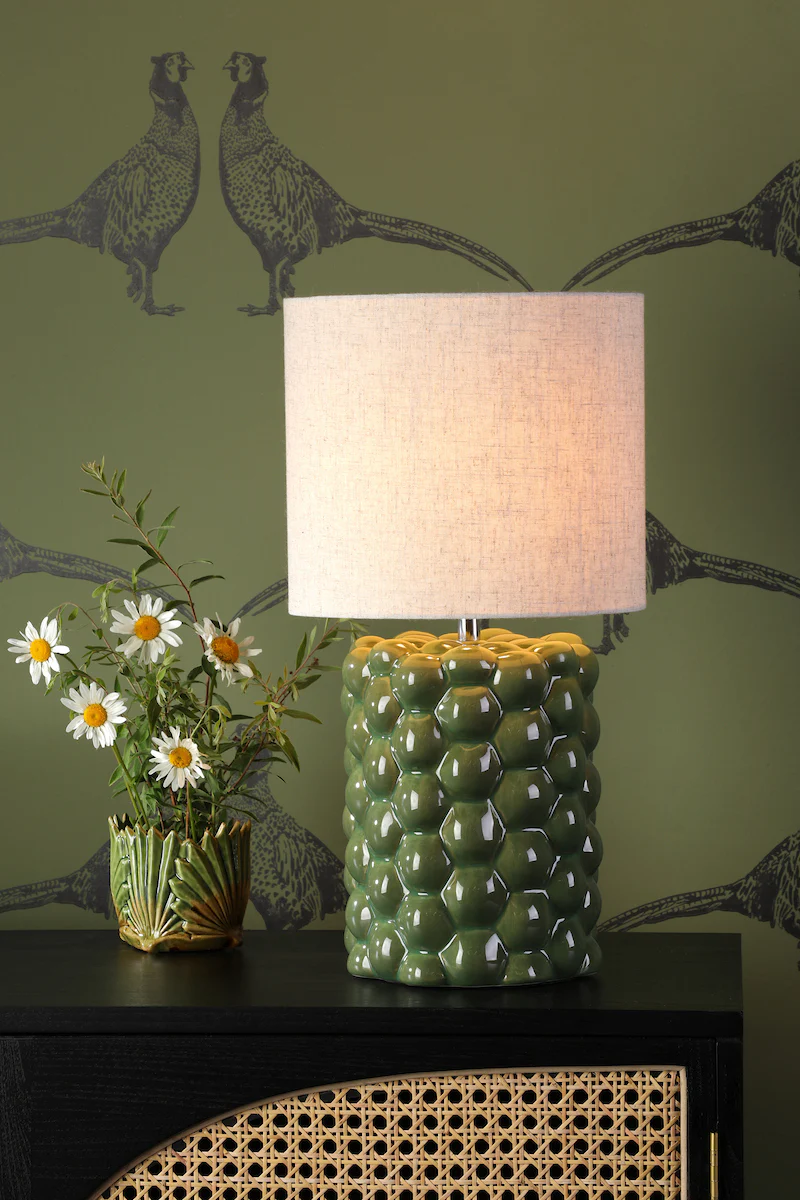 Jayden Table Lamp Greenn Reactive Glaze with Natural Linen Drum Shade – Mid-Century Lighting Collection for Home Décor - Image 2