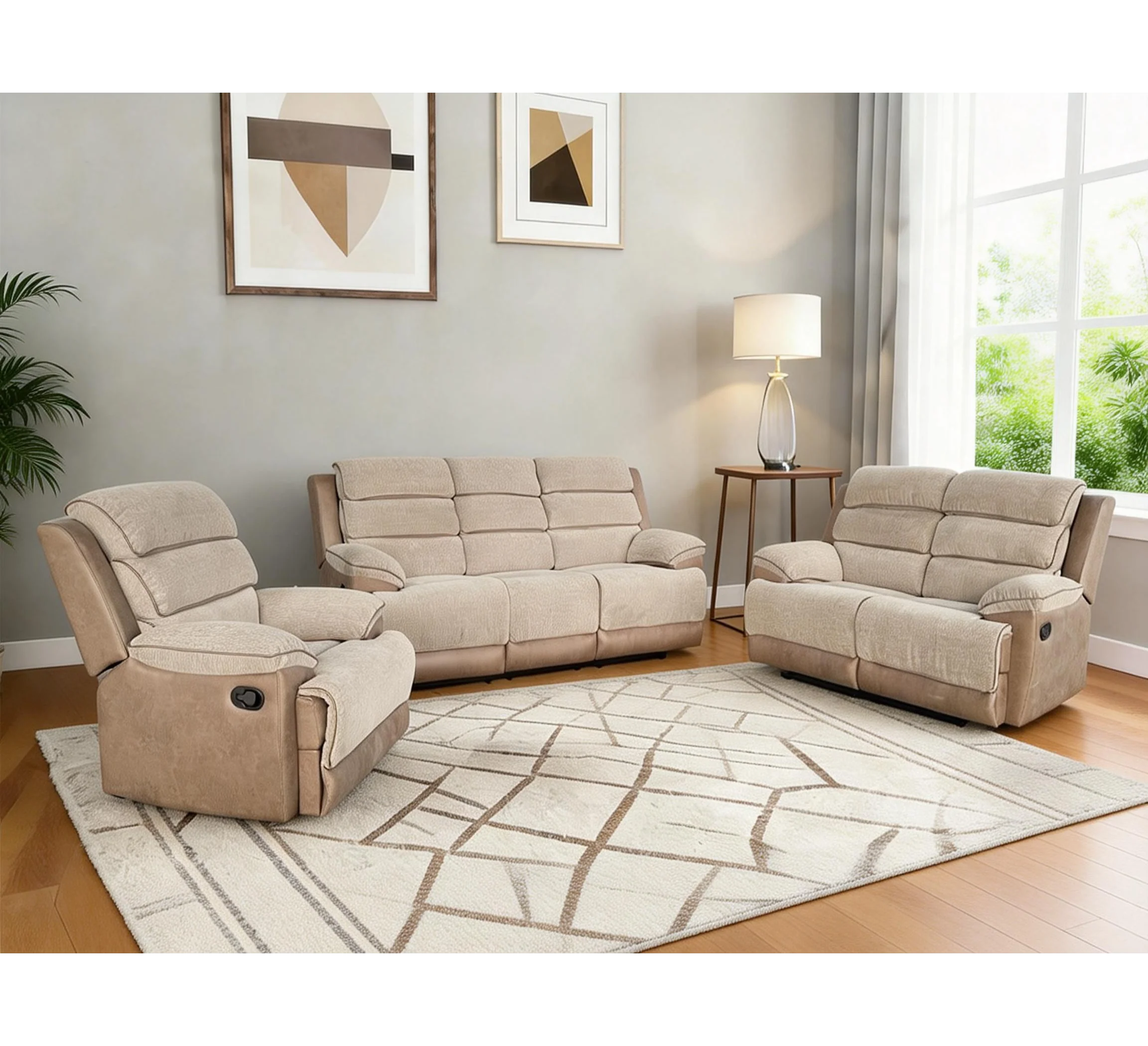 Jessica Recliner Chair Beige & Brown Two-Tone Fabric Living Room Reclining Chair Furniture - Image 2