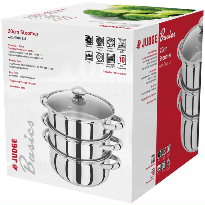 Judge 3 Tier Glass Lid Steamer Set 20cm Stainless Steel Multi-Level Cooking - Image 4
