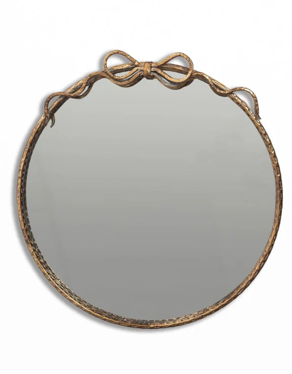 Large Round Gold Hammered Metal Wall Mirror with Decorative Bow – Vintage Style Accent Mirror