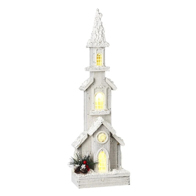 Light Up Wooden Snowy Tall House