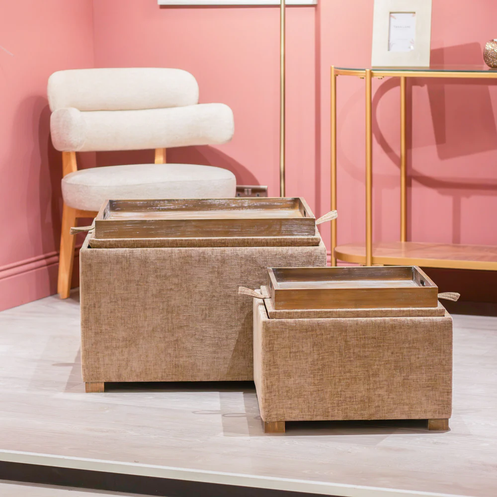 Maya Set of 2 Sand Pouffe and Table Tray – Fabric Pouffe Set - Image 3