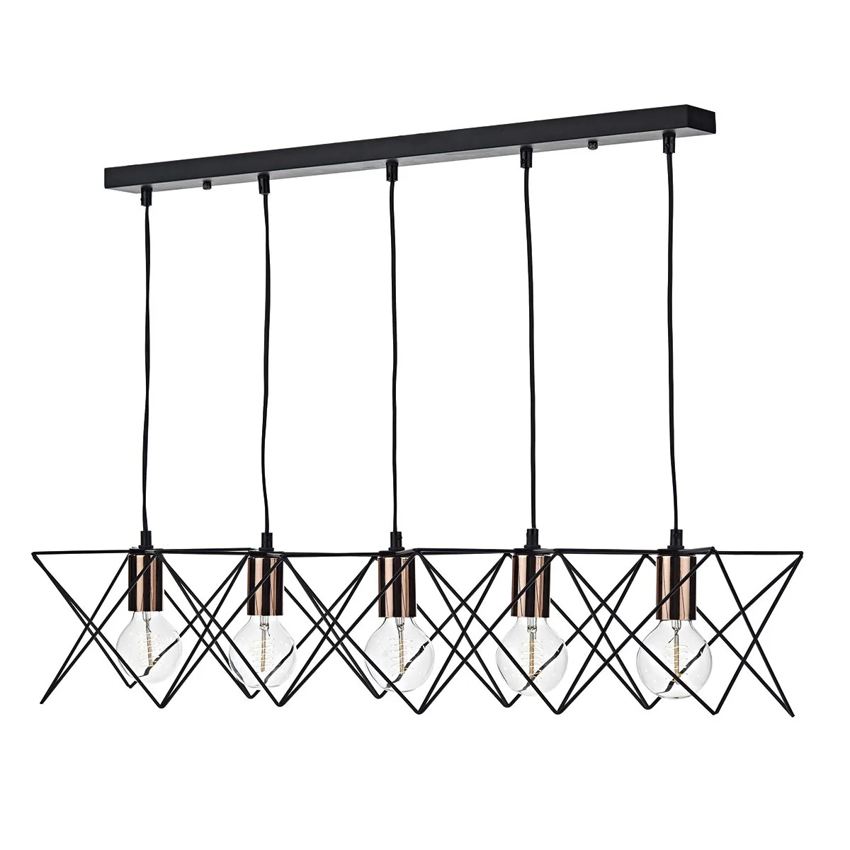 Midi 5 Light Bar Pendant Matt Black and Polished Copper Zig-Zag Shade Hanging Ceiling Light