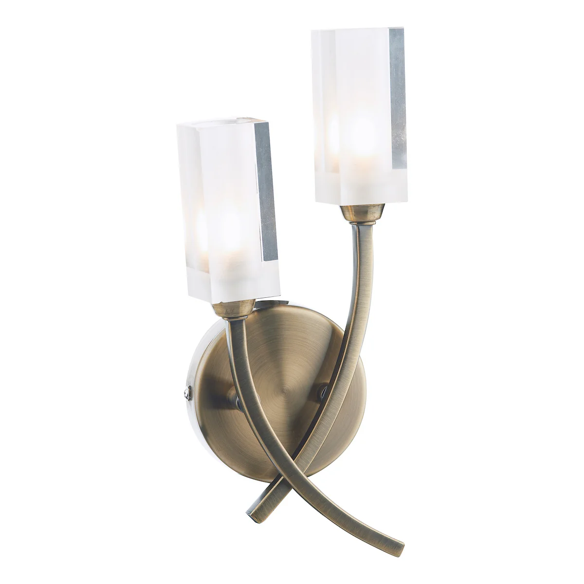 Morgan 2 Light Wall Light Antique Brass with Frosted Inner Glass Shade – Modern Wall Fitting Lighting Collection