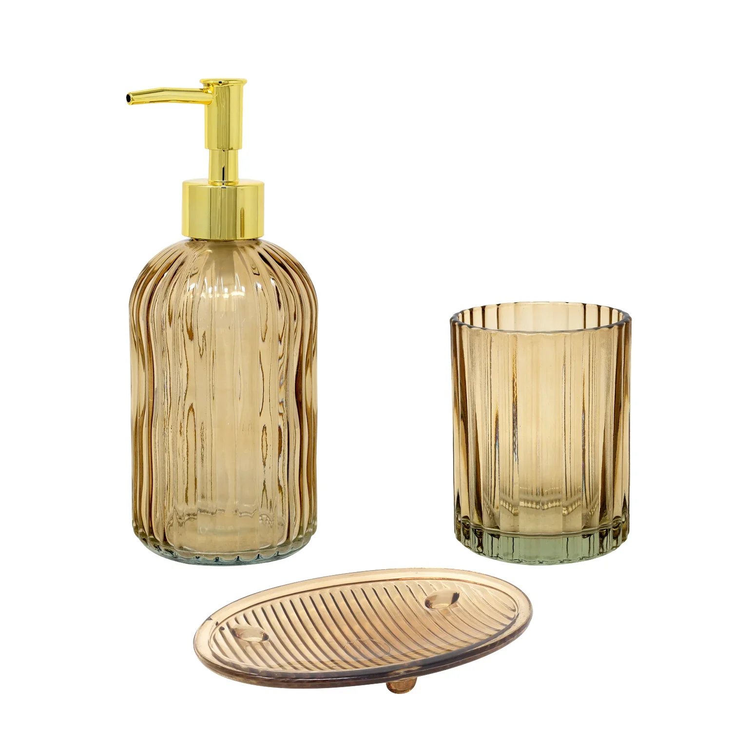 Temerity Jones Mushroom Glass Bathroom Set – Ribbed Glass Bathroom Accessories Set with Soap Dispenser, Tray & Tumbler - Image 2