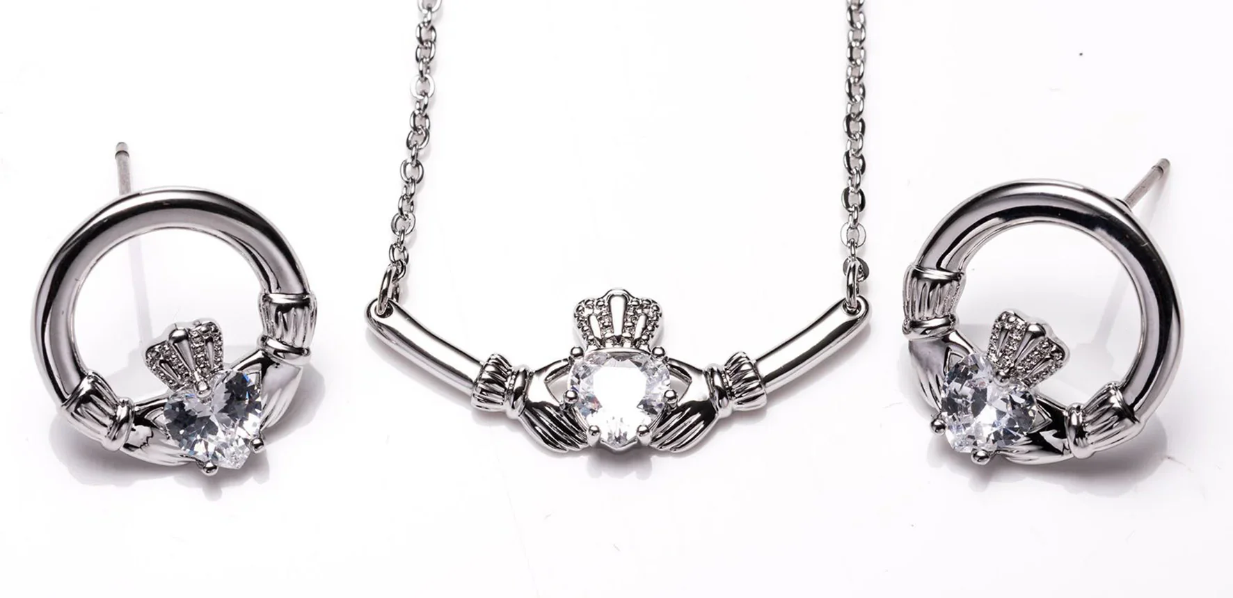 Newgrange Silver Clear Stone Claddagh Pendant & Earrings Set Jewellery Gift Boxed Set