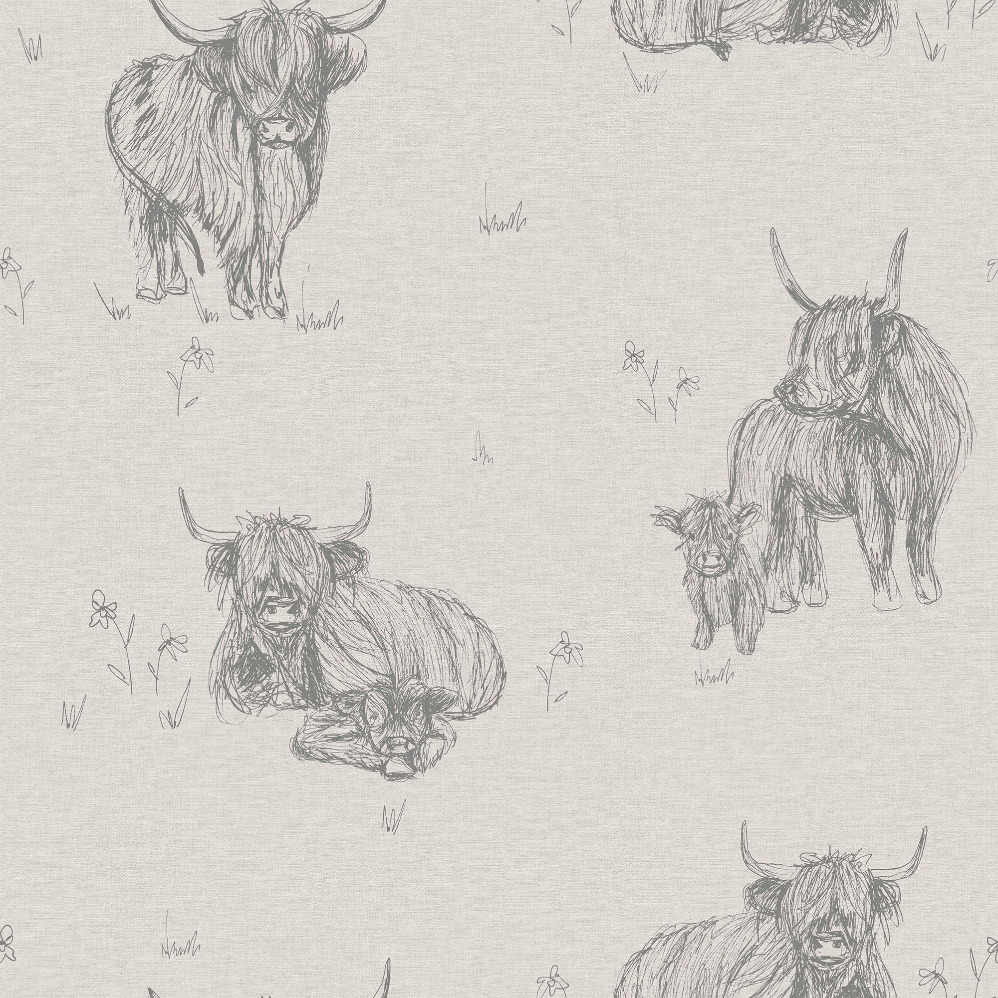 Next Hamish Wallpaper Natural – Rustic Highland Cow Country Wallpaper, Neutral Tones, Easy Hang Non-Woven Roll