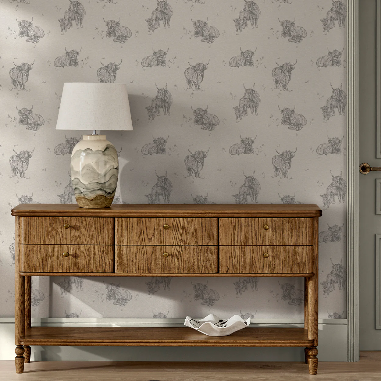 Next Hamish Wallpaper Natural – Rustic Highland Cow Country Wallpaper, Neutral Tones, Easy Hang Non-Woven Roll - Image 2