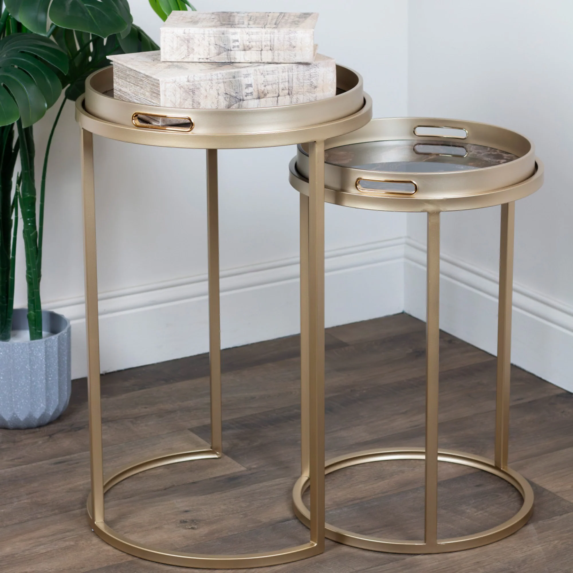 Nyra Gold Nest of Tables – Elegant Set of 2 Tray Tables for Living Room
