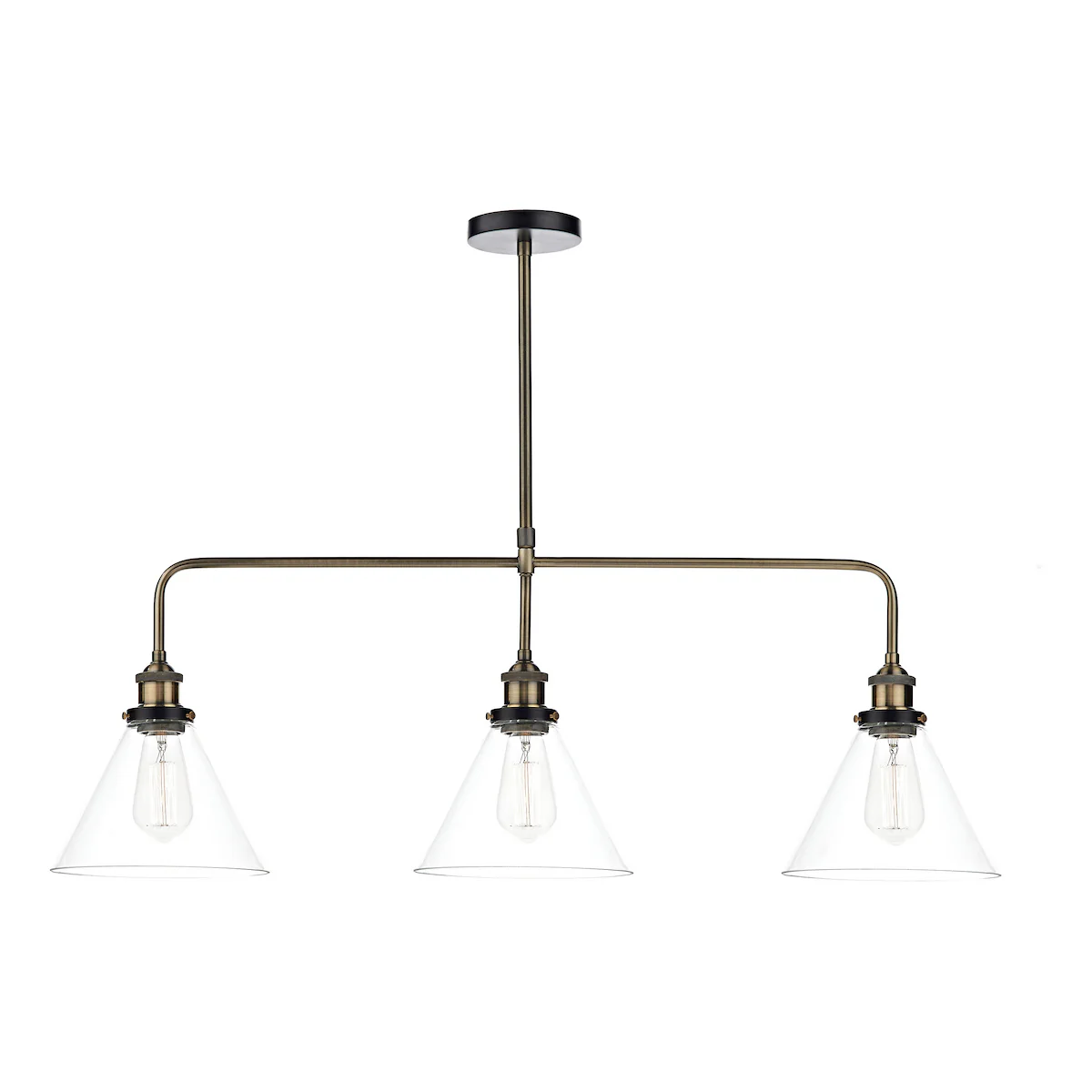Ray 3 Light Bar Pendant Antique Brass & Black Ceiling Light with Clear Glass Shades