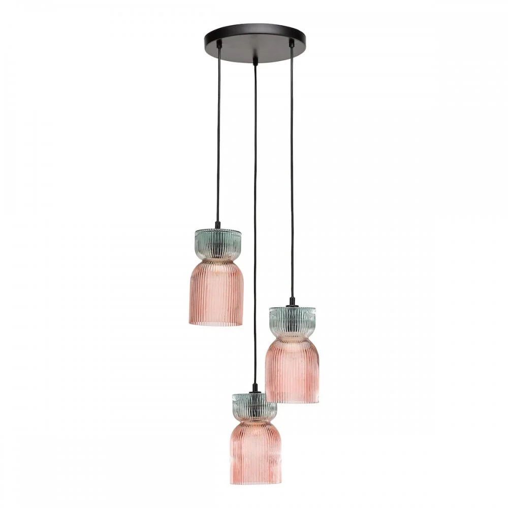 Rhubarb 3 Light Cluster Pendant Pink and Green Ribbed Glass - Image 2