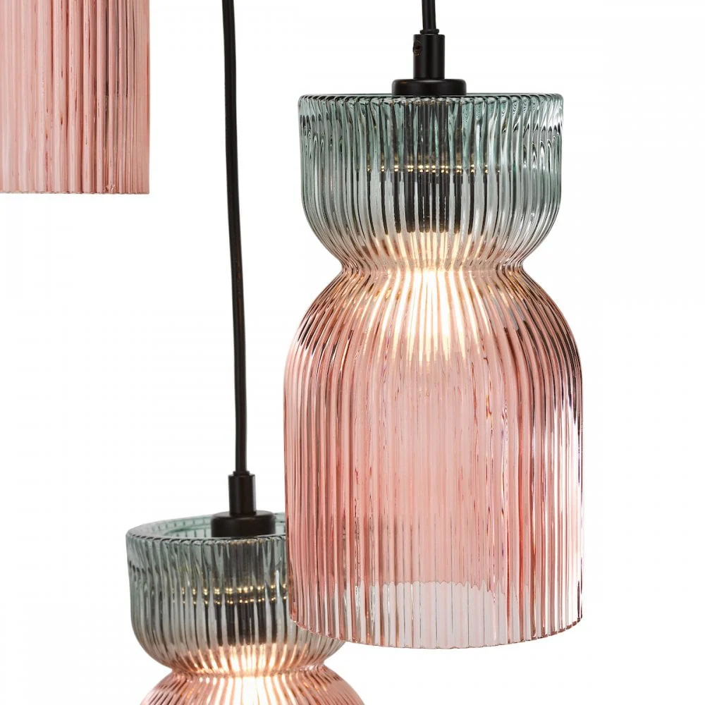 Rhubarb 3 Light Cluster Pendant Pink and Green Ribbed Glass - Image 3