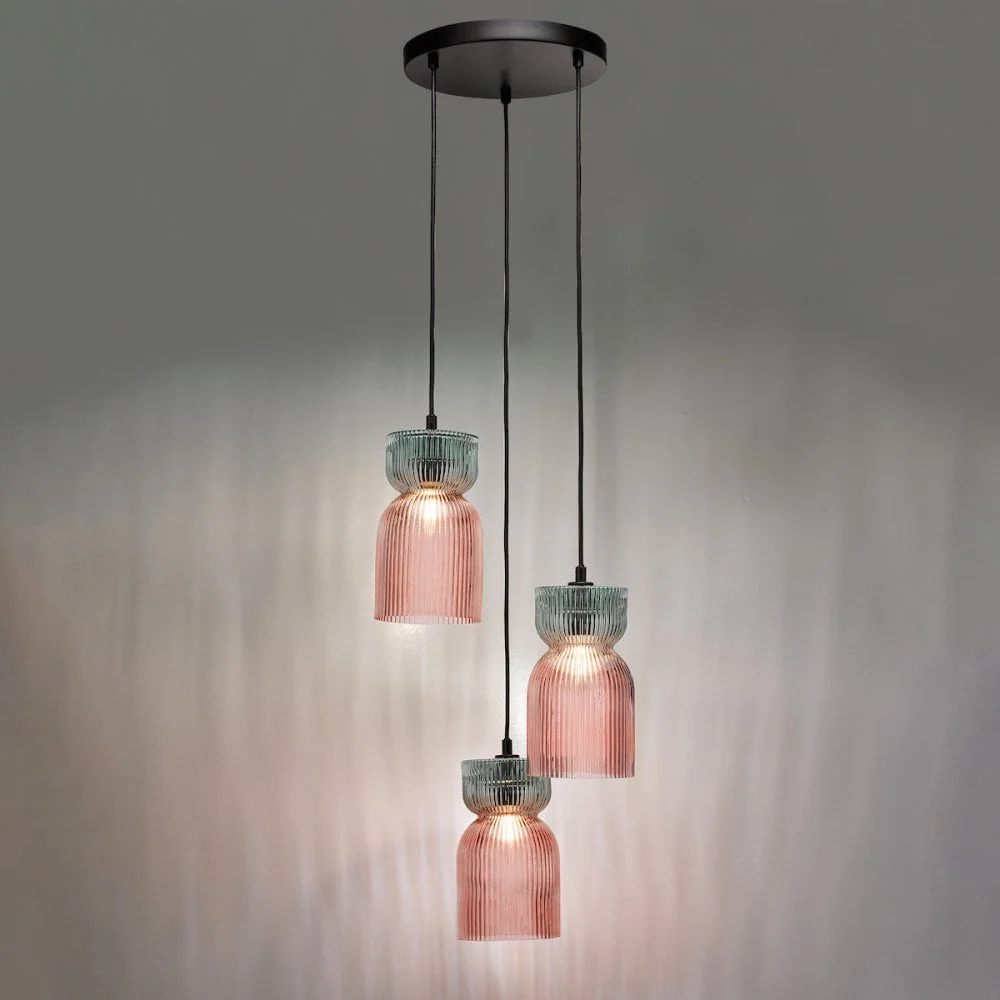 Rhubarb 3 Light Cluster Pendant Pink and Green Ribbed Glass - Image 5
