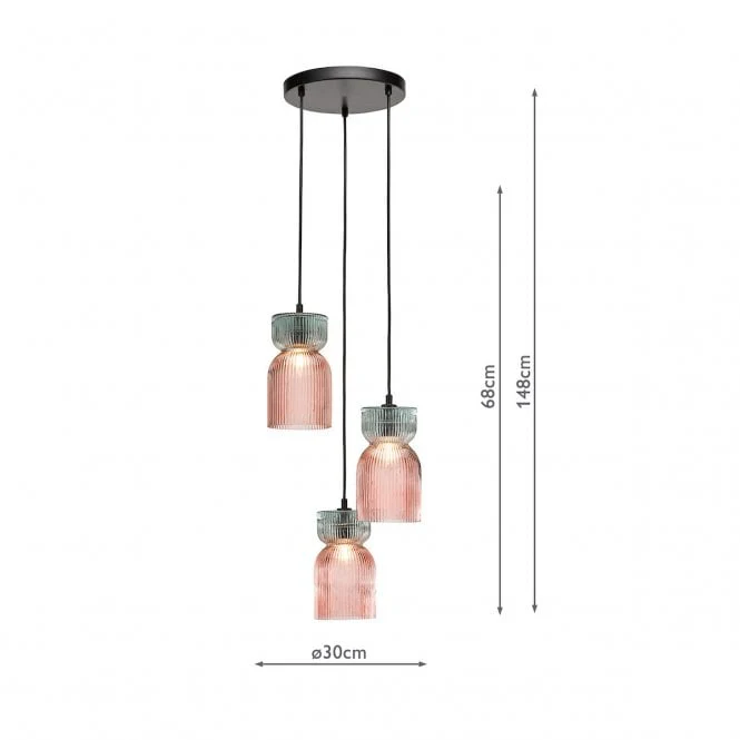 Rhubarb 3 Light Cluster Pendant Pink and Green Ribbed Glass - Image 7