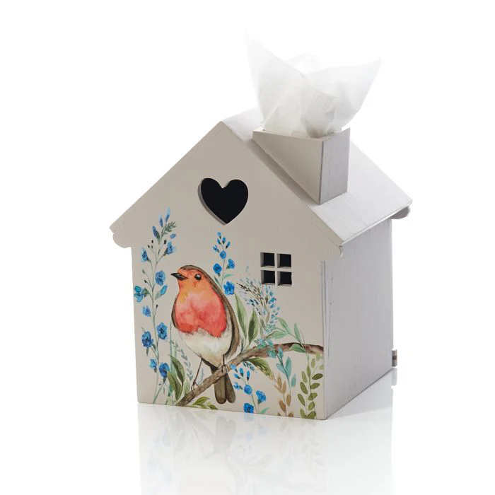 Robin Forget Me Not House Tissue Box White Wood