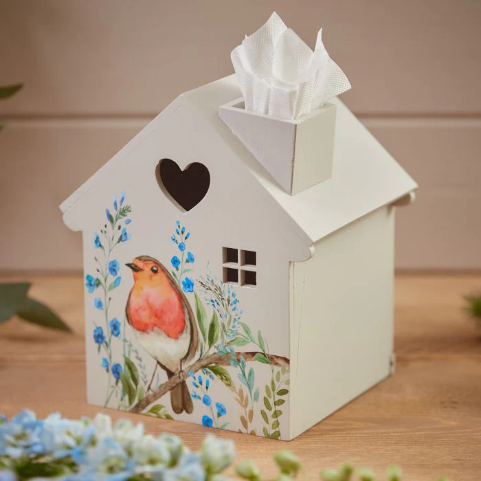Robin Forget Me Not House Tissue Box White Wood - Image 2