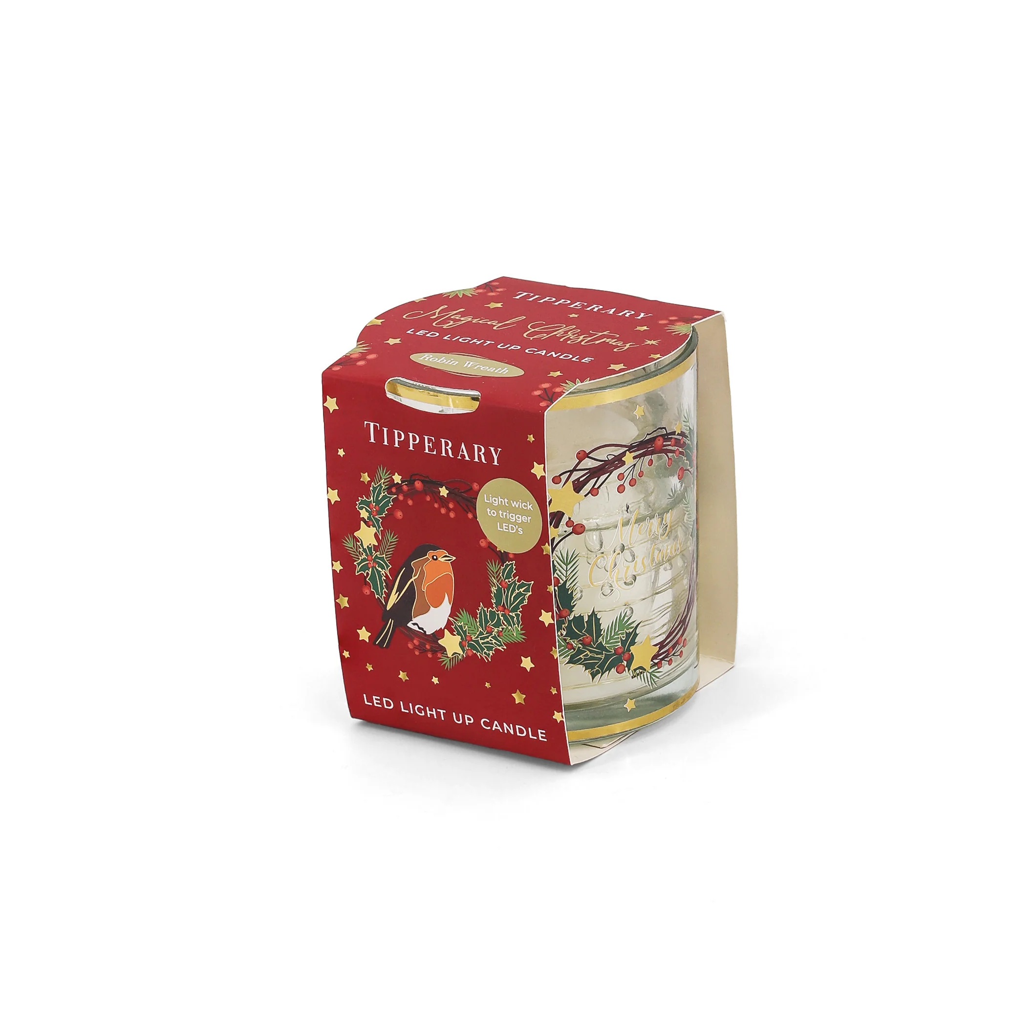 Robin Wreath Christmas LED Candle in a Decorative Glass Jar - Image 2