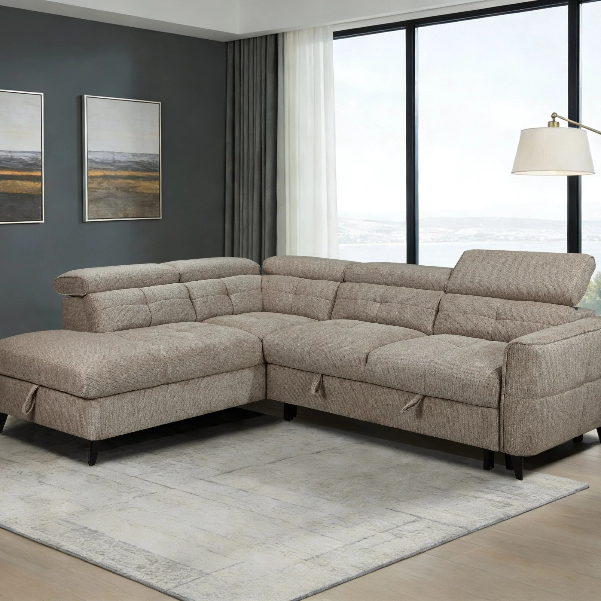 Samantha Fabric Corner Sofabed LHF Brown with Adjustable Headrests & Spacious Storage Seating