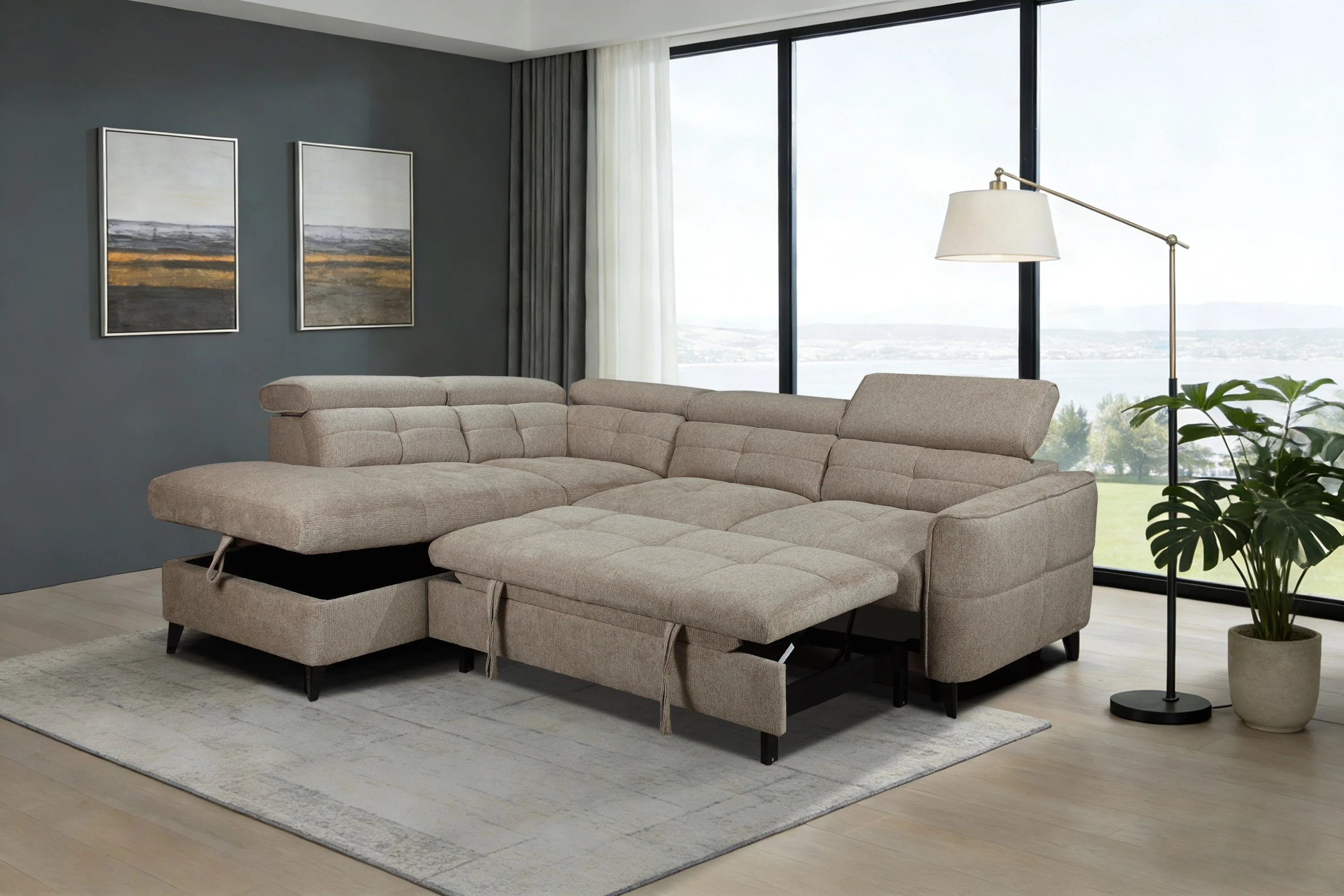 Samantha Fabric Corner Sofabed LHF Brown with Adjustable Headrests & Spacious Storage Seating - Image 2