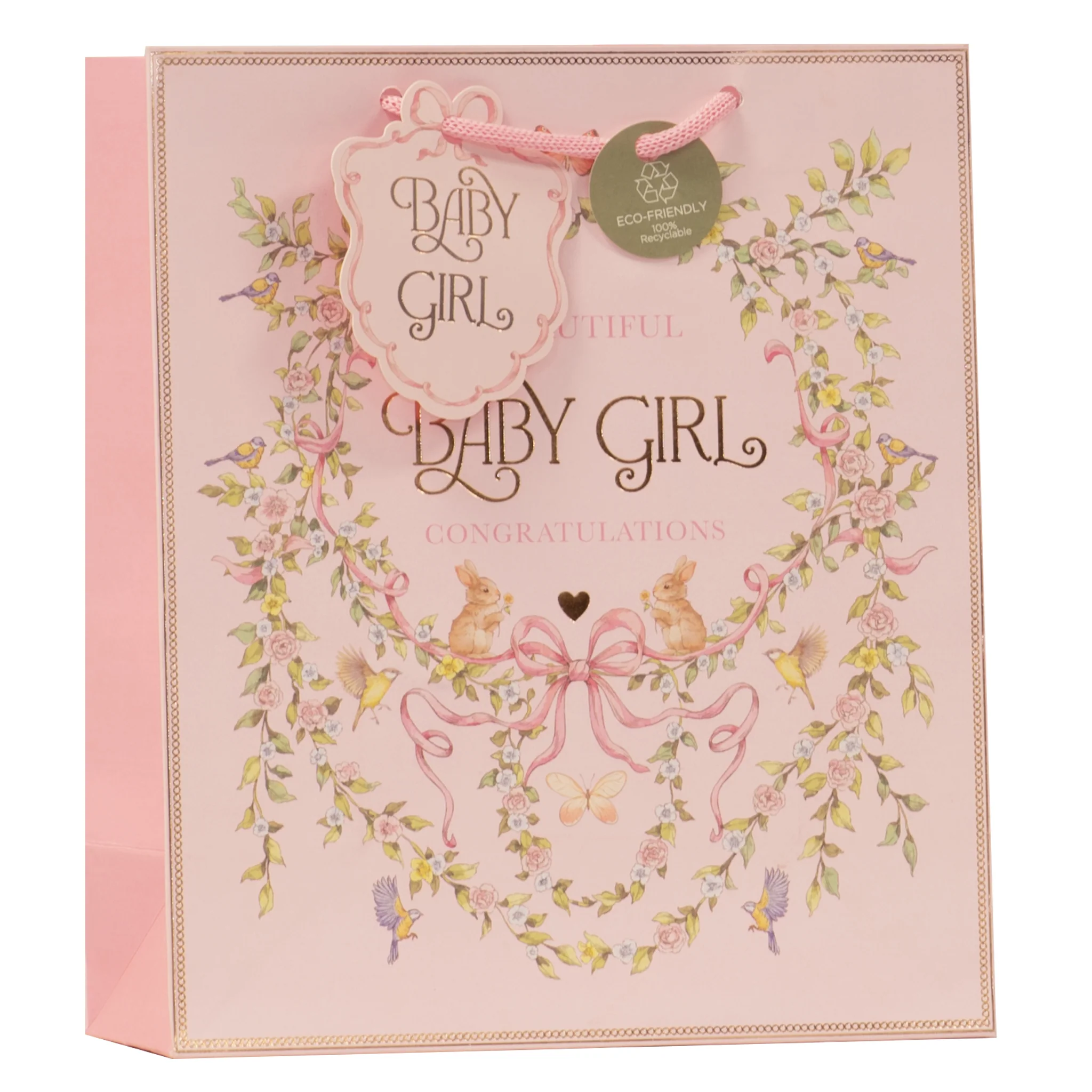 Vintage Baby Girl Gift Bag Medium - Pink Floral Gift Bag Giftware