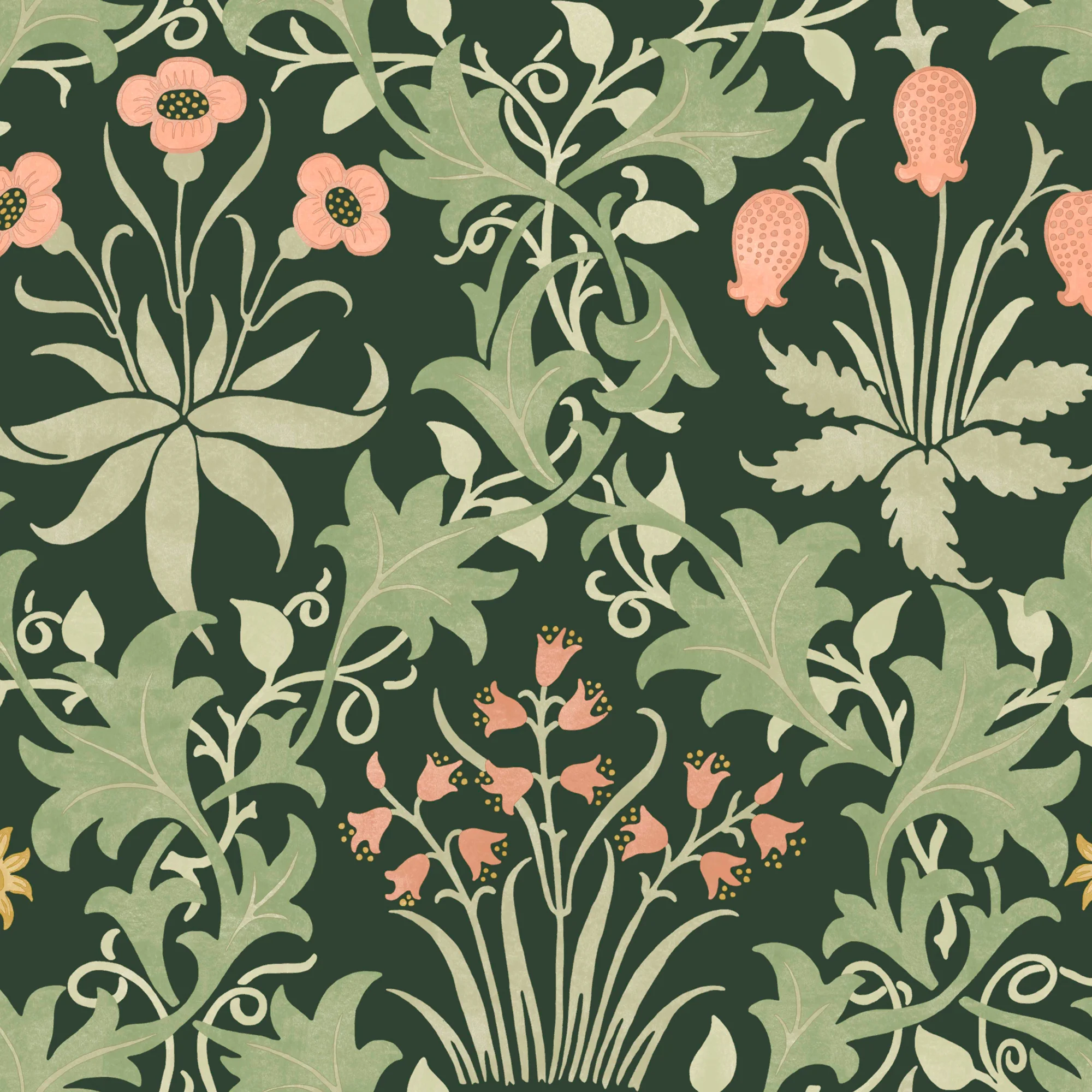 William Morris Celandine Floral Wallpaper Forest – Classic Meadow Design, Green Botanical Trellis Pattern, Paste the Wall