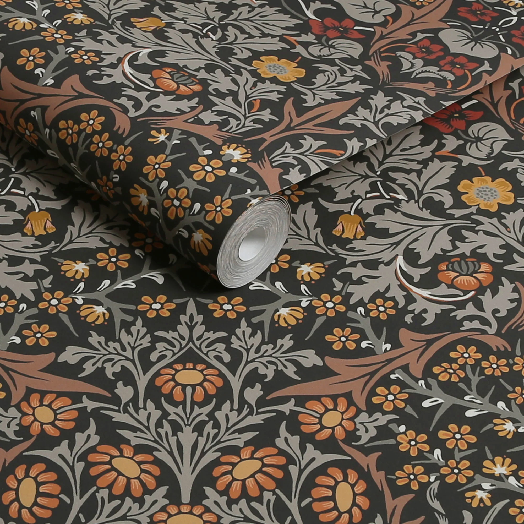 William Morris Wallpaper Blackthorn Charcoal and Burnt Orange - Image 3