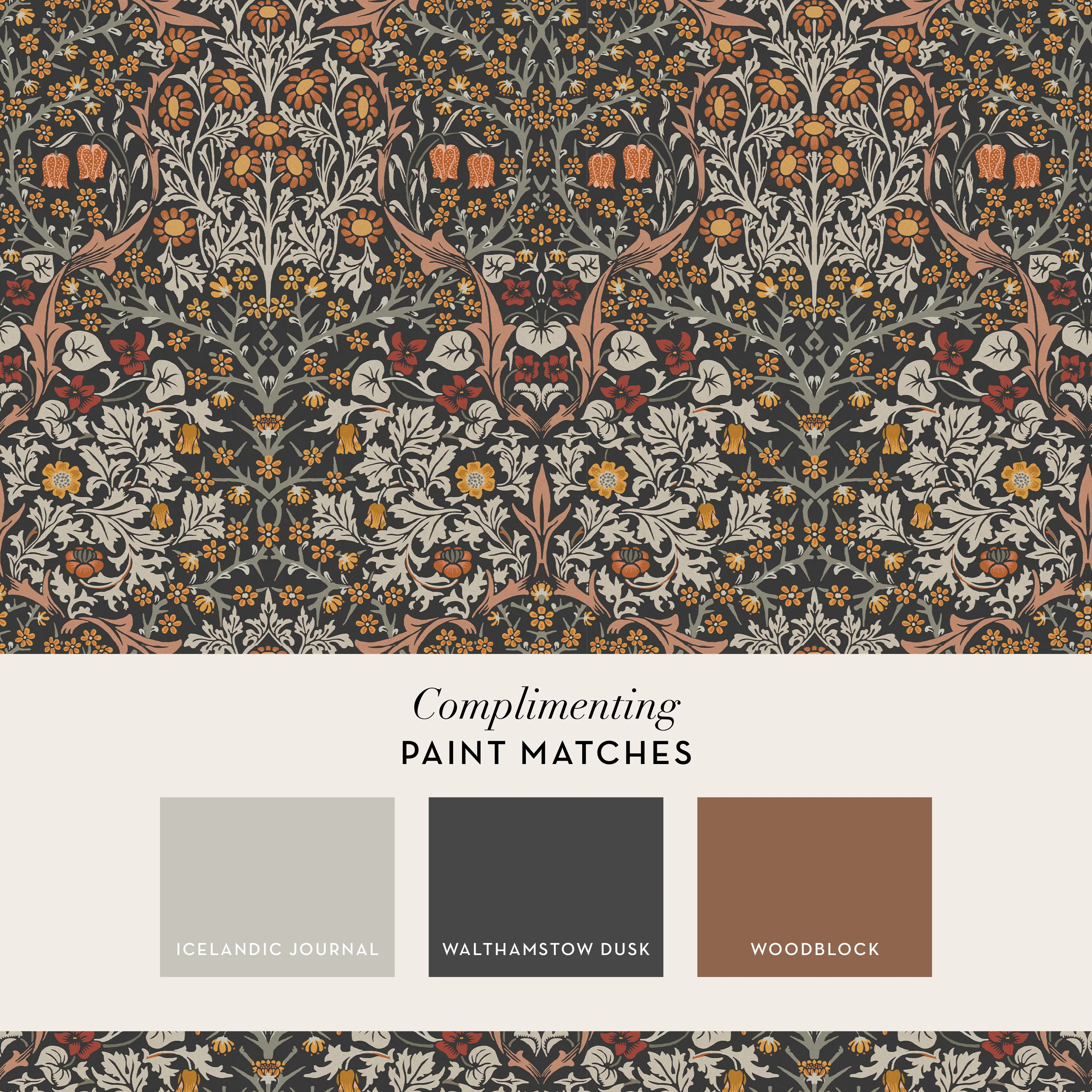 William Morris Wallpaper Blackthorn Charcoal and Burnt Orange - Image 4
