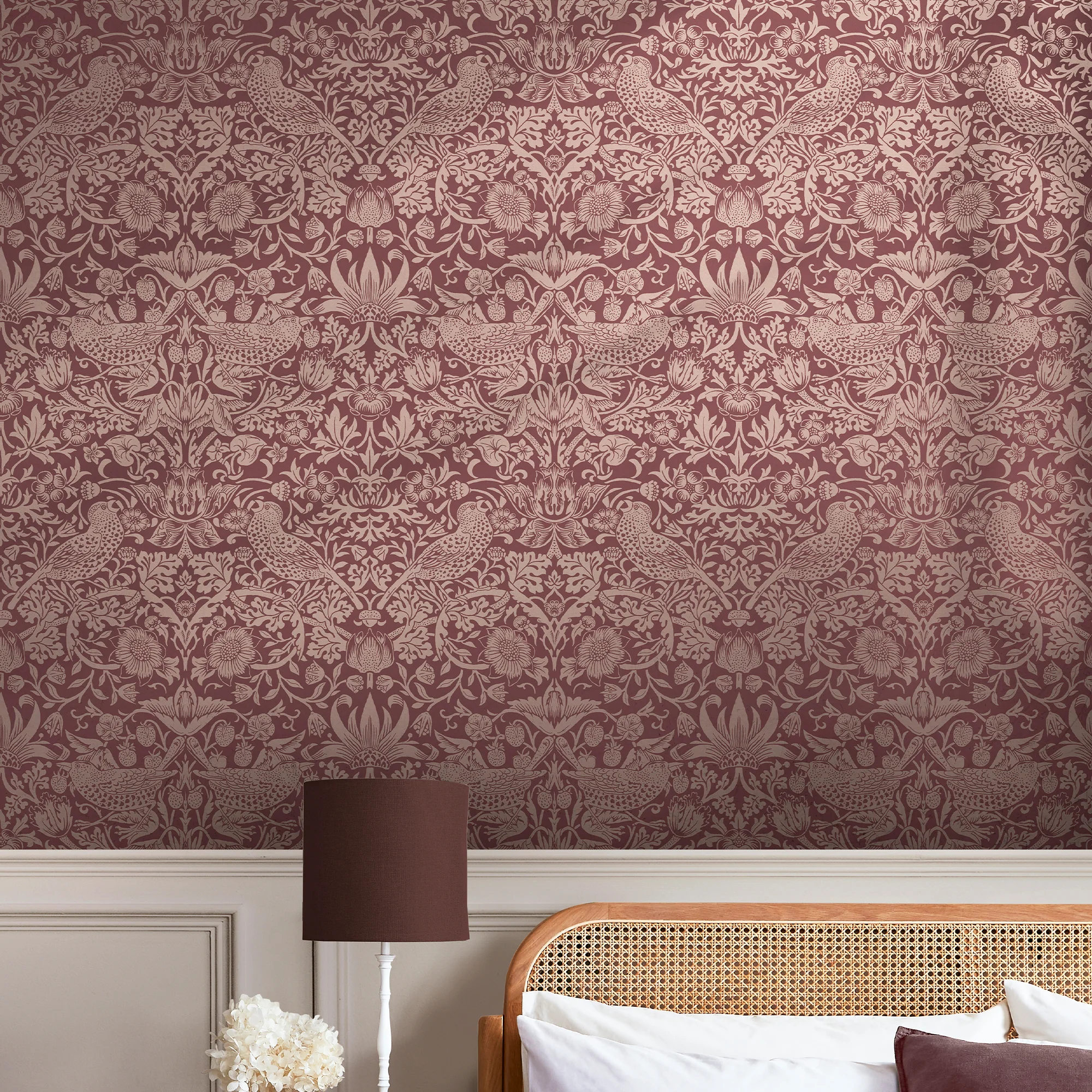 William Morris Wallpaper Strawberry Thief Fibrous Burgundy - Image 2